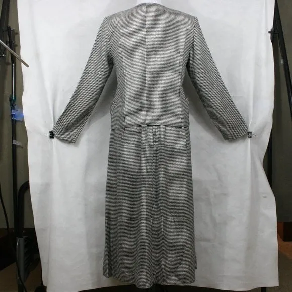 Vintage 80's Lanz B&amp;W Rayon Houndstooth 2 Piece Jacket and Midi Skirt SZ 8 EUC