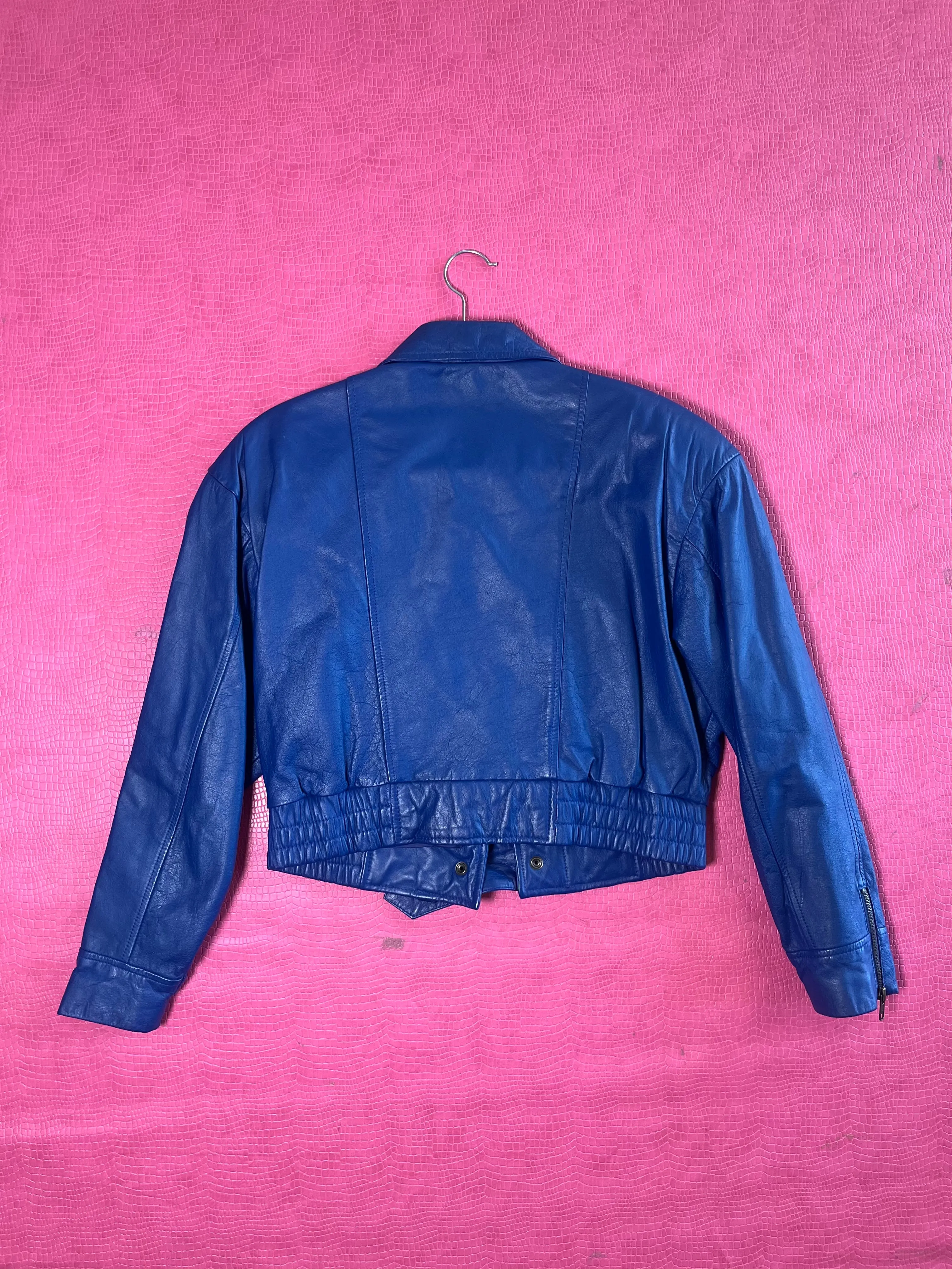 Vintage 80s "Out Of Bounds" Blue Leather Jacket - Fits Up To Size M