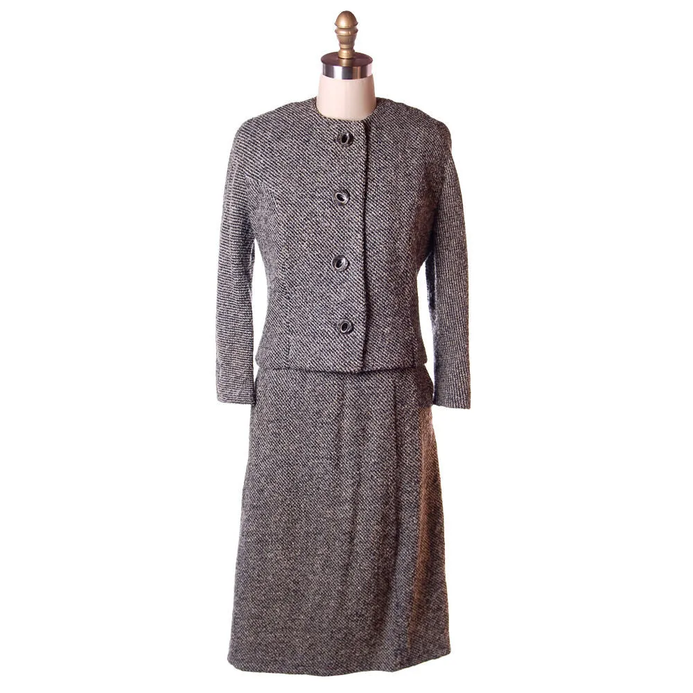 Vintage  Henri Bendel Wool Ladies Tweed Suit Black & White 1960S 40-30-44