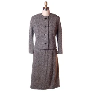 Vintage  Henri Bendel Wool Ladies Tweed Suit Black & White 1960S 40-30-44