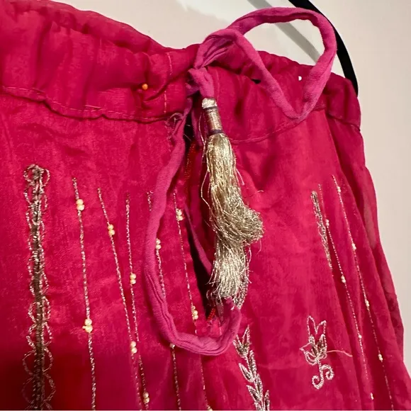 Vintage Indian Sari Hot Pink and Gold Embroidered Maxi Boho Skirt