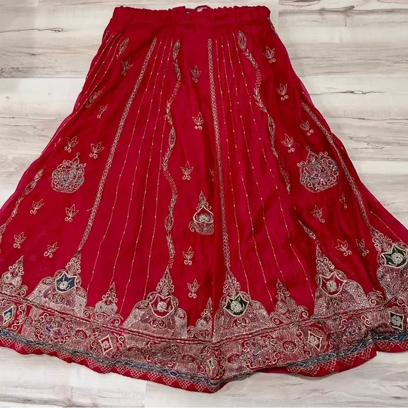 Vintage Indian Sari Hot Pink and Gold Embroidered Maxi Boho Skirt