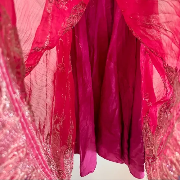 Vintage Indian Sari Hot Pink and Gold Embroidered Maxi Boho Skirt