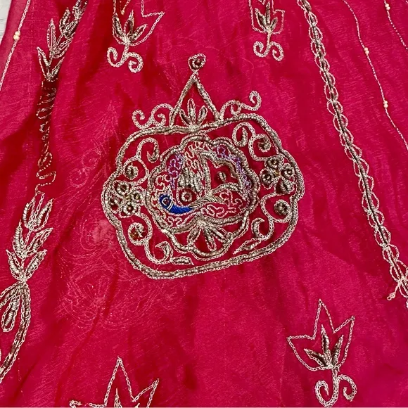 Vintage Indian Sari Hot Pink and Gold Embroidered Maxi Boho Skirt