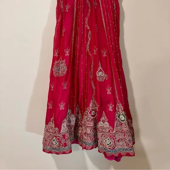 Vintage Indian Sari Hot Pink and Gold Embroidered Maxi Boho Skirt
