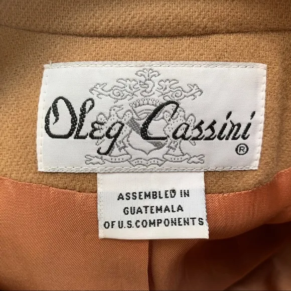 Vintage Oleg Cassini 100% WOOL Camel Tan Blazer Black Notched Lapel