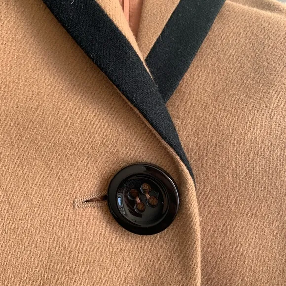 Vintage Oleg Cassini 100% WOOL Camel Tan Blazer Black Notched Lapel