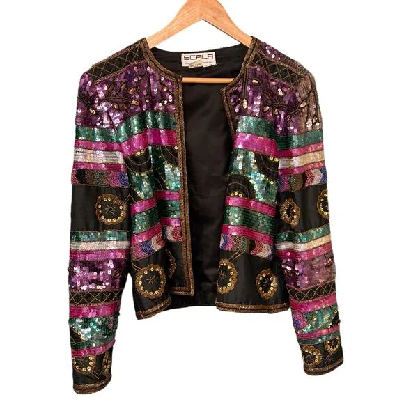 Vintage Scala Sequin Beaded Bolero Jacket Silk Black Size Large