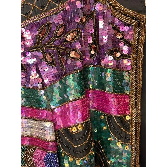 Vintage Scala Sequin Beaded Bolero Jacket Silk Black Size Large