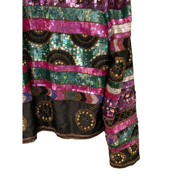Vintage Scala Sequin Beaded Bolero Jacket Silk Black Size Large