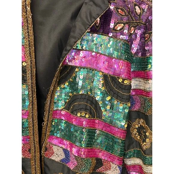 Vintage Scala Sequin Beaded Bolero Jacket Silk Black Size Large
