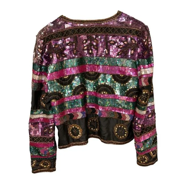 Vintage Scala Sequin Beaded Bolero Jacket Silk Black Size Large