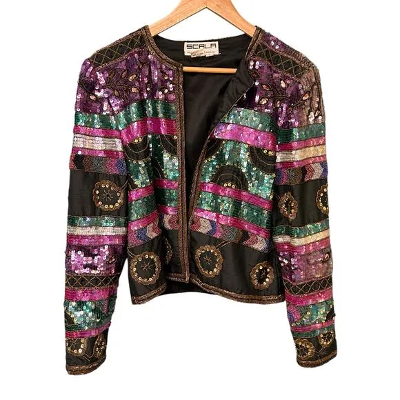 Vintage Scala Sequin Beaded Bolero Jacket Silk Black Size Large