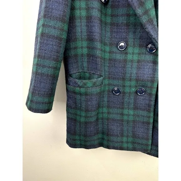 Vintage Talbots Blue Green Blackwatch Tartan Plaid Long Wool Coat 4 S