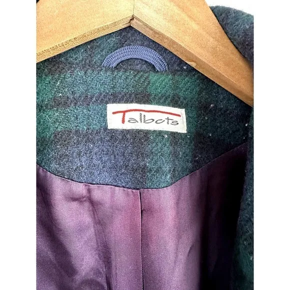 Vintage Talbots Blue Green Blackwatch Tartan Plaid Long Wool Coat 4 S