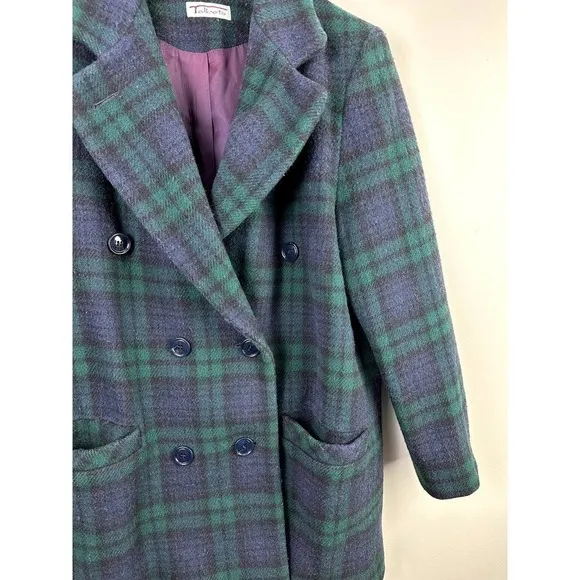 Vintage Talbots Blue Green Blackwatch Tartan Plaid Long Wool Coat 4 S