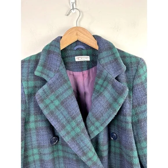 Vintage Talbots Blue Green Blackwatch Tartan Plaid Long Wool Coat 4 S