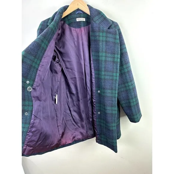Vintage Talbots Blue Green Blackwatch Tartan Plaid Long Wool Coat 4 S