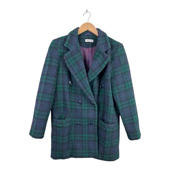 Vintage Talbots Blue Green Blackwatch Tartan Plaid Long Wool Coat 4 S