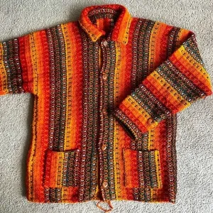 Vintage Wool Handmade Striped Fall Rainbow Crochet Wooden Buttoned Jacket/Coat