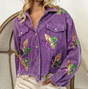Washed purple corduroy Mardi Gras oversized jacket with sequin patches