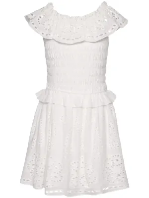 White Eyelet Peasant Style Smocked Bodice Dress..