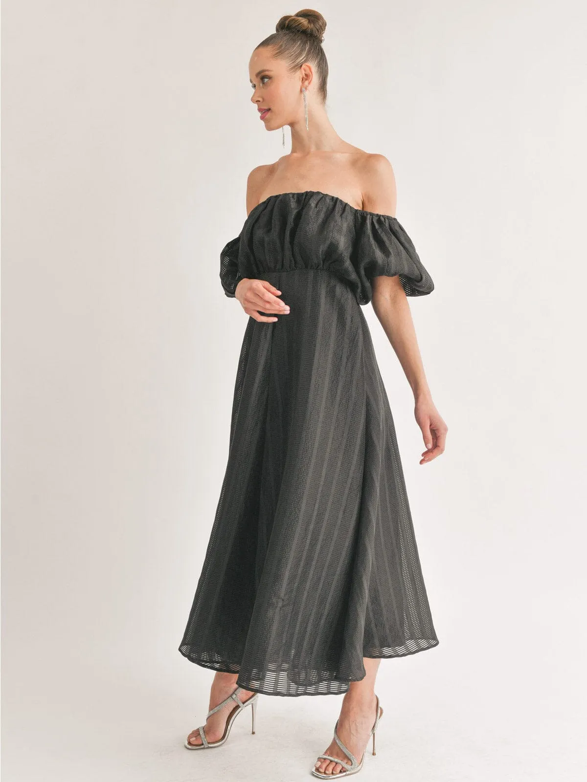WOMEN'S OFF SHOULDER ELASTIC WAIST FIT & FLARE MAXI DRESS