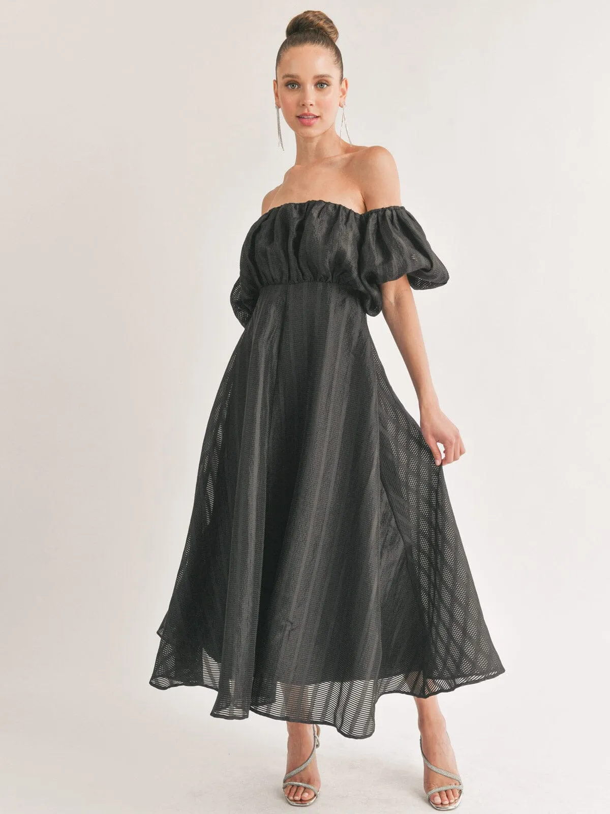 WOMEN'S OFF SHOULDER ELASTIC WAIST FIT & FLARE MAXI DRESS