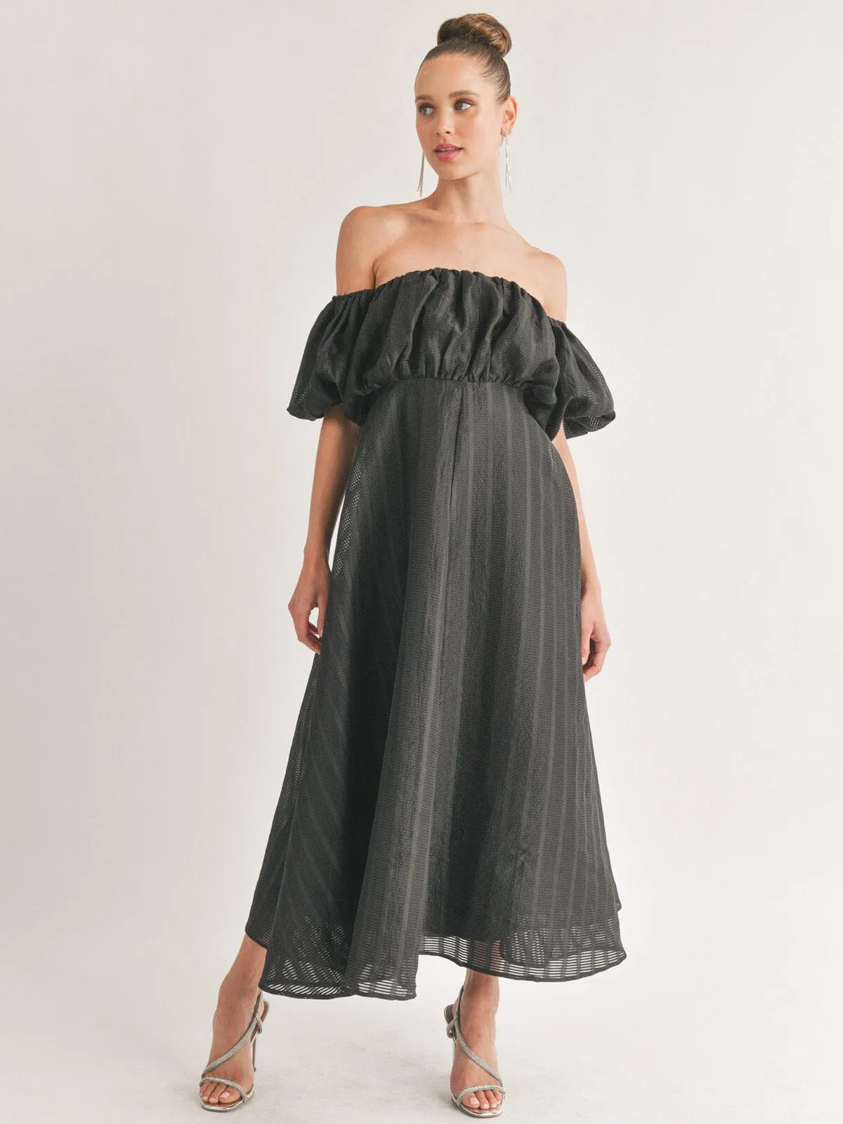 WOMEN'S OFF SHOULDER ELASTIC WAIST FIT & FLARE MAXI DRESS