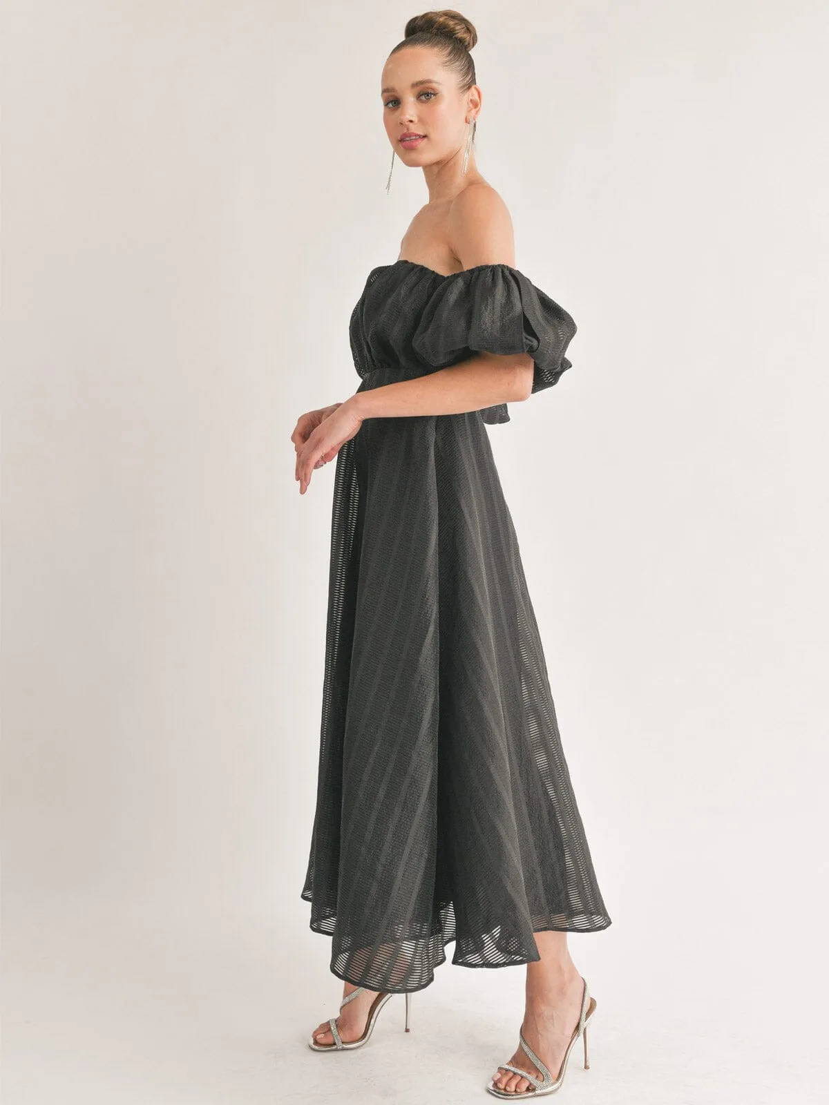 WOMEN'S OFF SHOULDER ELASTIC WAIST FIT & FLARE MAXI DRESS