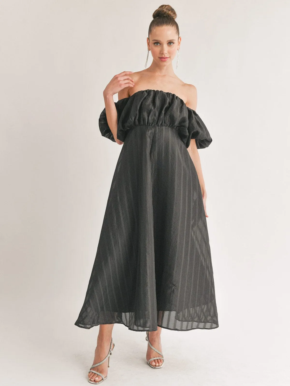 WOMEN'S OFF SHOULDER ELASTIC WAIST FIT & FLARE MAXI DRESS