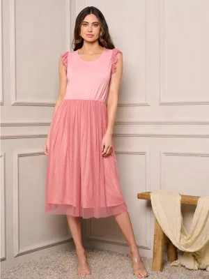 WOMEN'S SLEEVELESS LACE RUFFLE FIT & FLARE MIDI DRESS