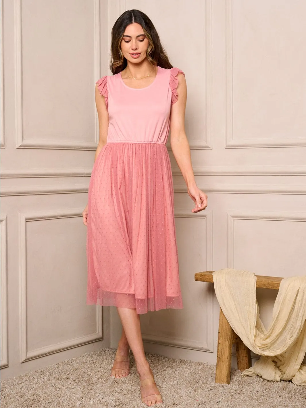 WOMEN'S SLEEVELESS LACE RUFFLE FIT & FLARE MIDI DRESS