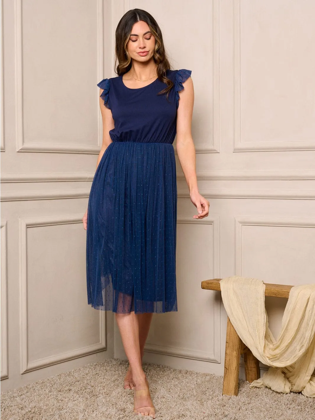 WOMEN'S SLEEVELESS LACE RUFFLE FIT & FLARE MIDI DRESS