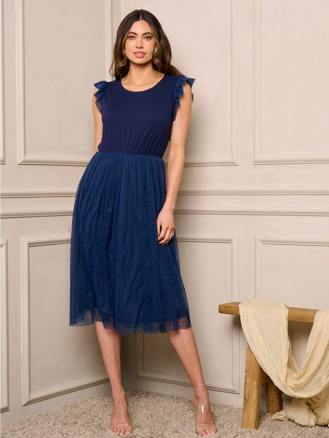WOMEN'S SLEEVELESS LACE RUFFLE FIT & FLARE MIDI DRESS