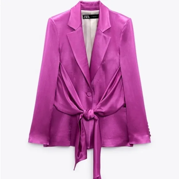 ZARA SATIN BLAZER WITH BUILT IN TIE SASH SIZE S PINK/ FUCHSIA FEMININE ROMANTIC