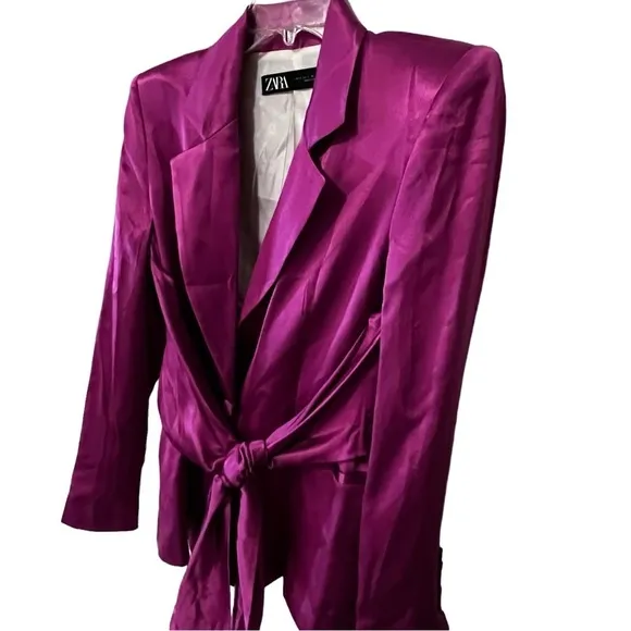 ZARA SATIN BLAZER WITH BUILT IN TIE SASH SIZE S PINK/ FUCHSIA FEMININE ROMANTIC