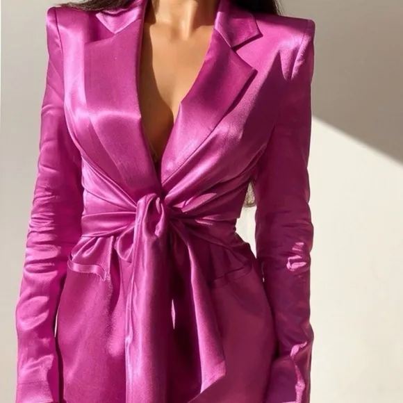 ZARA SATIN BLAZER WITH BUILT IN TIE SASH SIZE S PINK/ FUCHSIA FEMININE ROMANTIC
