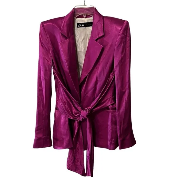 ZARA SATIN BLAZER WITH BUILT IN TIE SASH SIZE S PINK/ FUCHSIA FEMININE ROMANTIC