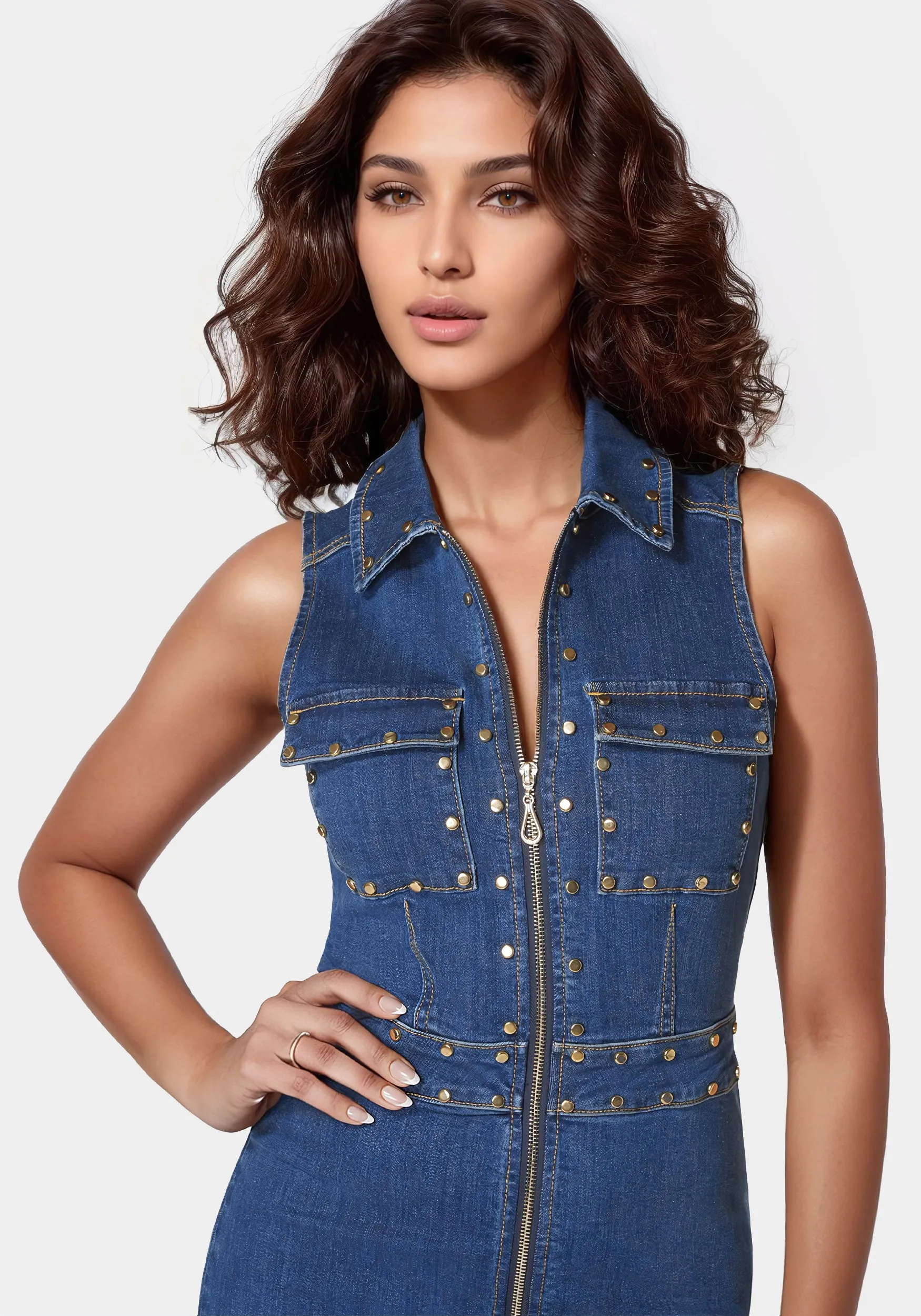 Zip Front Stud Detail Fit And Flare Denim Dress